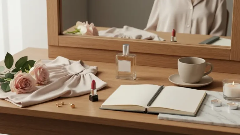 Elegancka toaletka z perfumami, biżuterią, jedwabną bluzką, notesem i różami