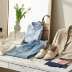 Elegancka kompozycja ubrań i dodatków na marmurowej toaletce w jasnych kolorach