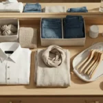 Uporządkowane ubrania capsule wardrobe na drewnianej toaletce z pudełkami i świeżymi tulipanami