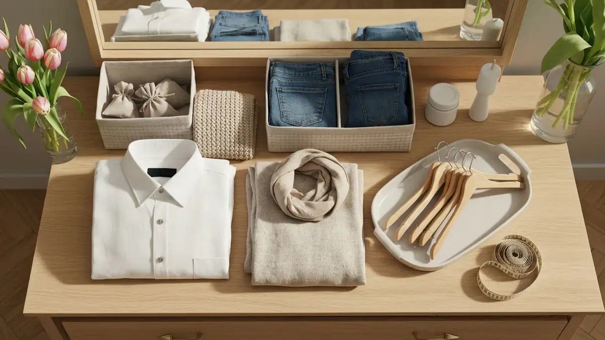 Uporządkowane ubrania capsule wardrobe na drewnianej toaletce z pudełkami i świeżymi tulipanami