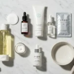 Koreańska pielęgnacja twarzy na marmurowej toaletce z serum, kremem, SPF i maseczką