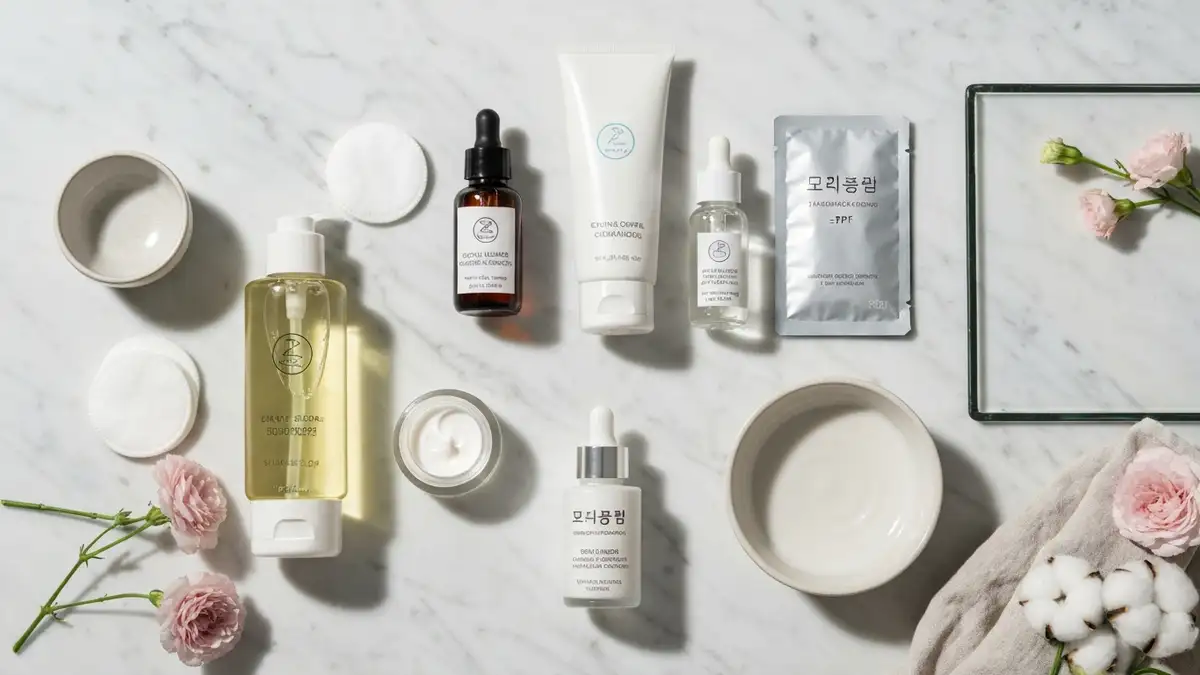 Koreańska pielęgnacja twarzy na marmurowej toaletce z serum, kremem, SPF i maseczką