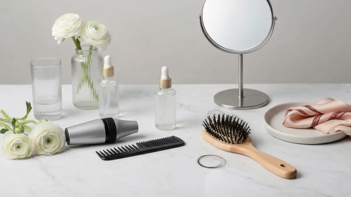 Dermatoskop, szczotka z włosami i serum do skóry głowy na jasnej marmurowej toaletce