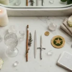 Elegancka kompozycja z kartami tarota, kielichem, różami, świecami i symbolami małych arkanów