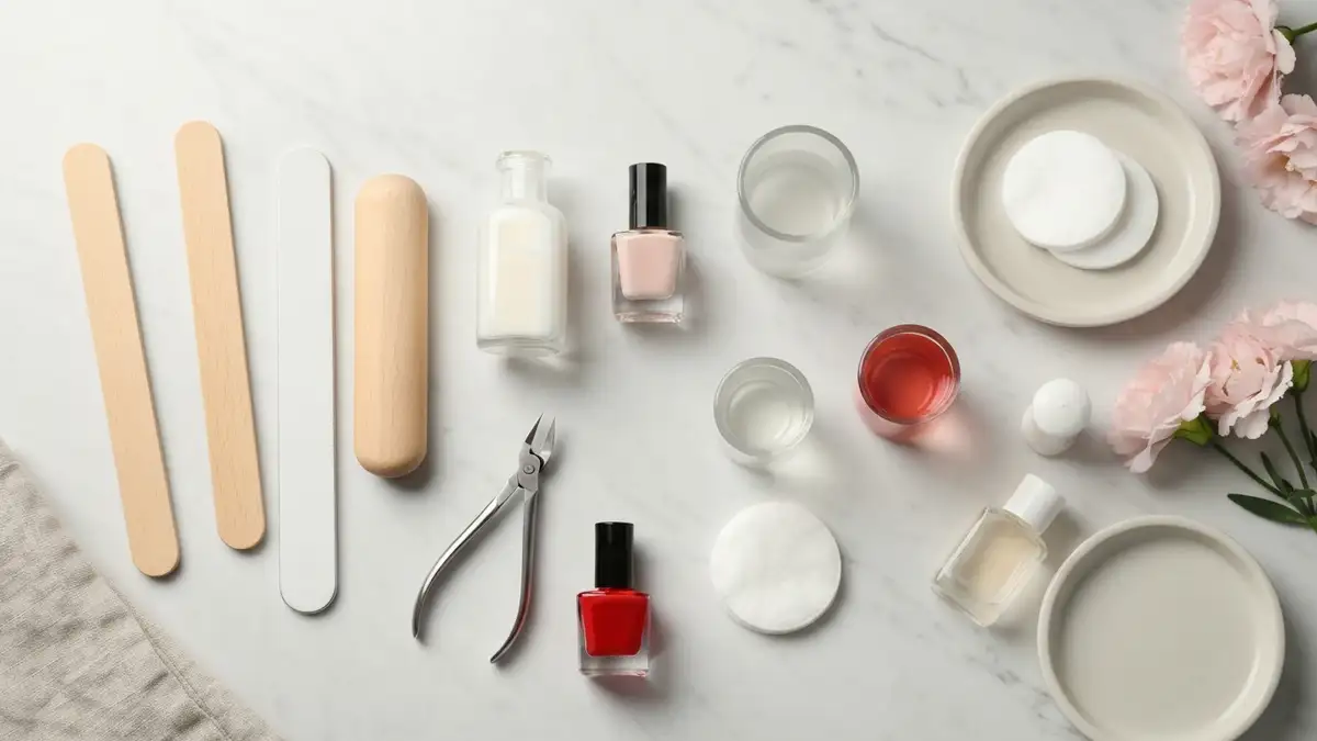 Zestaw do manicure klasycznego z lakierami, pilnikiem, oliwką i akcesoriami na marmurowym blacie