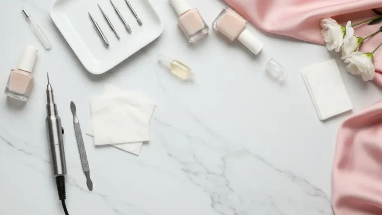 Frezarka, frezy i lakiery nude na marmurowej toaletce do manicure rosyjskiego