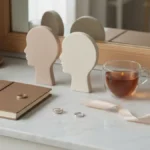 Trzy ceramiczne sylwetki przy notesie i obrączkach na jasnej toaletce