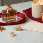 Złoty wisior słońca, perfumy, róże i jedwab na marmurowej toaletce