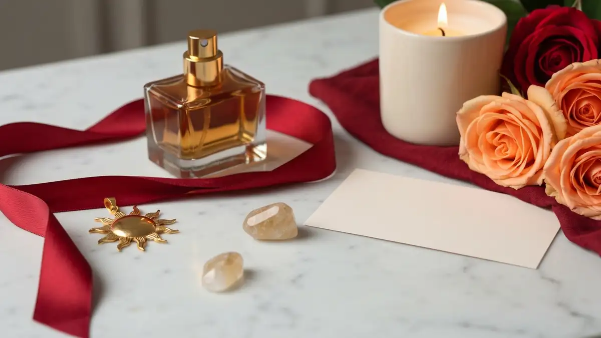 Złoty wisior słońca, perfumy, róże i jedwab na marmurowej toaletce