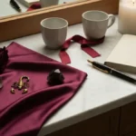 Elegancka martwa natura z amuletem skorpiona, kryształami, świecą i różami na marmurowym blacie