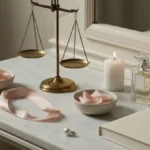 Elegancka martwa natura z wagą, różami, perfumami i świecą na marmurowym blacie
