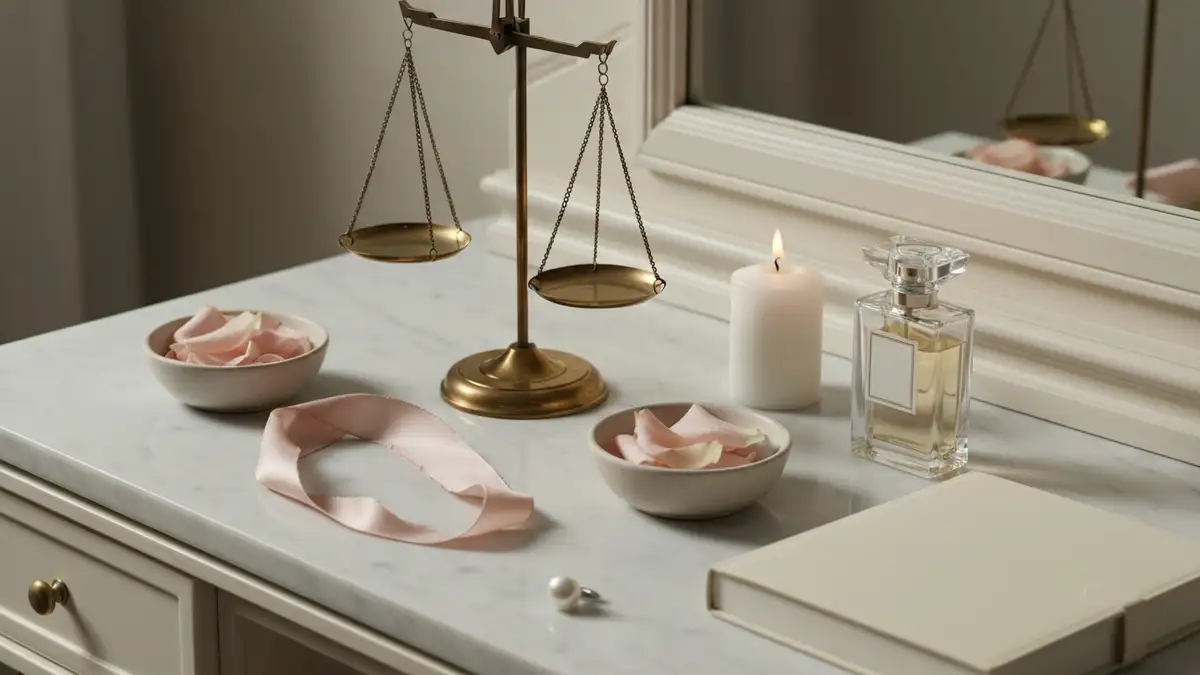 Elegancka martwa natura z wagą, różami, perfumami i świecą na marmurowym blacie