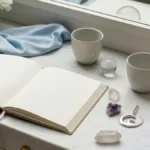Astrologiczna martwa natura z kryształami, notesem i filiżankami na jasnym blacie