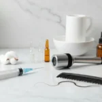 Elegancka martwa natura z ampułkami, dermatoskopem i szczotką przy temacie mezoterapii skóry głowy