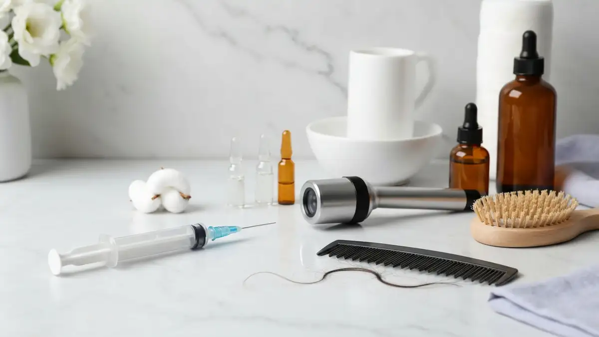 Elegancka martwa natura z ampułkami, dermatoskopem i szczotką przy temacie mezoterapii skóry głowy