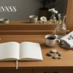 Dziennik, kawa, świeca i kwiat na drewnianym stoliku do praktyki mindfulness
