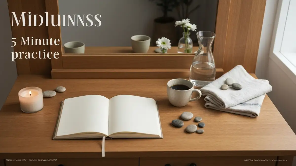 Dziennik, kawa, świeca i kwiat na drewnianym stoliku do praktyki mindfulness