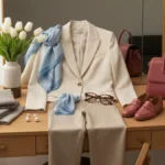 Elegancka stylizacja 60 plus z marynarką, apaszką, okularami i dodatkami na jasnym blacie