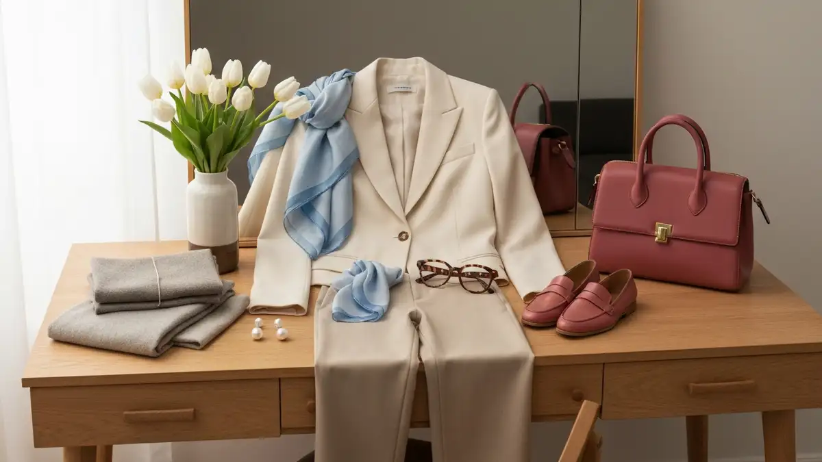 Elegancka stylizacja 60 plus z marynarką, apaszką, okularami i dodatkami na jasnym blacie