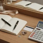 Dziennik, monety, karta i kawa na eleganckim biurku w spokojnej scenie o money mindset