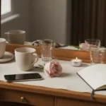 Elegancki stolik randkowy z kawą, różą, telefonem i notesem jako symbol mowy ciała