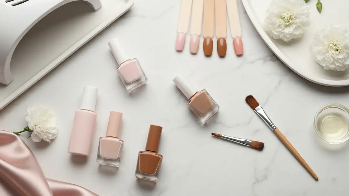 Hybrydy nude, wzorniki paznokci i akcesoria do manicure na jasnym marmurowym blacie
