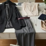 Elegancka stylizacja z marynarką, spodniami w kant i tkaninami na jasnym blacie