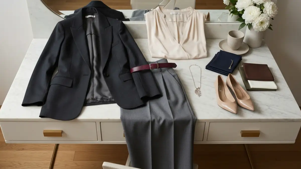 Elegancka stylizacja z marynarką, spodniami w kant i tkaninami na jasnym blacie