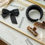 Eleganckie ozdoby do włosów na marmurowej toaletce - opaska, kokarda, spinki i szpilki