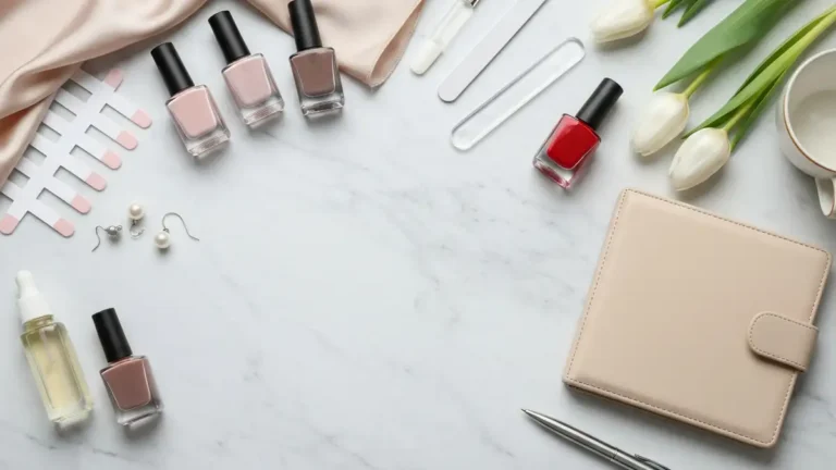 Eleganckie lakiery nude i akcesoria do manicure business na marmurowej toaletce