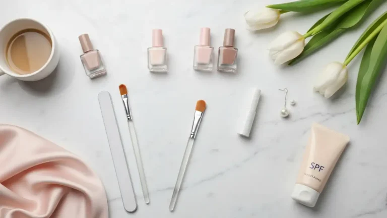 Eleganckie lakiery nude i akcesoria do subtelnego manicure biurowego na marmurowej toaletce