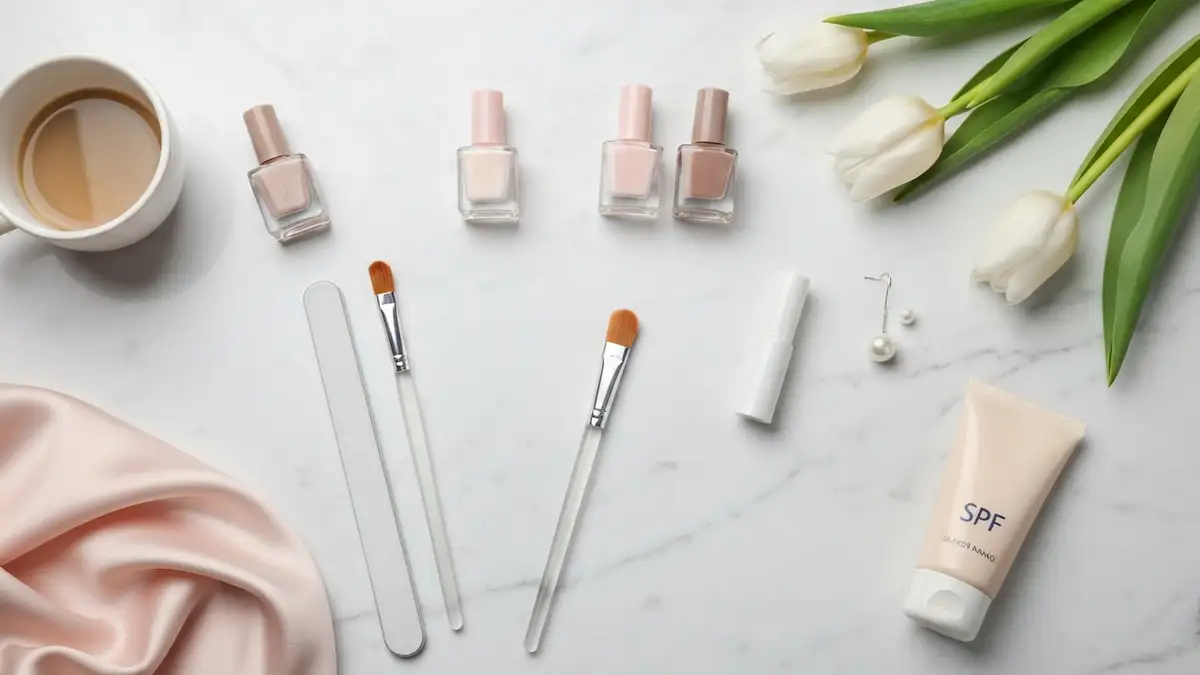 Eleganckie lakiery nude i akcesoria do subtelnego manicure biurowego na marmurowej toaletce