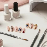 Geometryczny manicure z liniami, figurami i lakierami na marmurowej toaletce