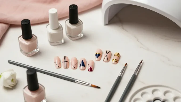 Geometryczny manicure z liniami, figurami i lakierami na marmurowej toaletce