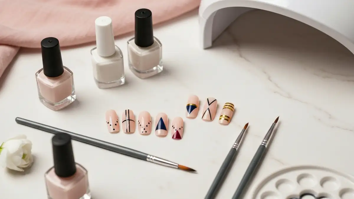 Geometryczny manicure z liniami, figurami i lakierami na marmurowej toaletce