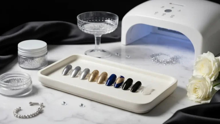 Sylwestrowy manicure z brokatem, chromem i cyrkoniami na marmurowej toaletce