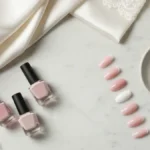Klasyczne ślubne lakiery nude i mleczny róż na marmurowej toaletce z obrączkami i koronką