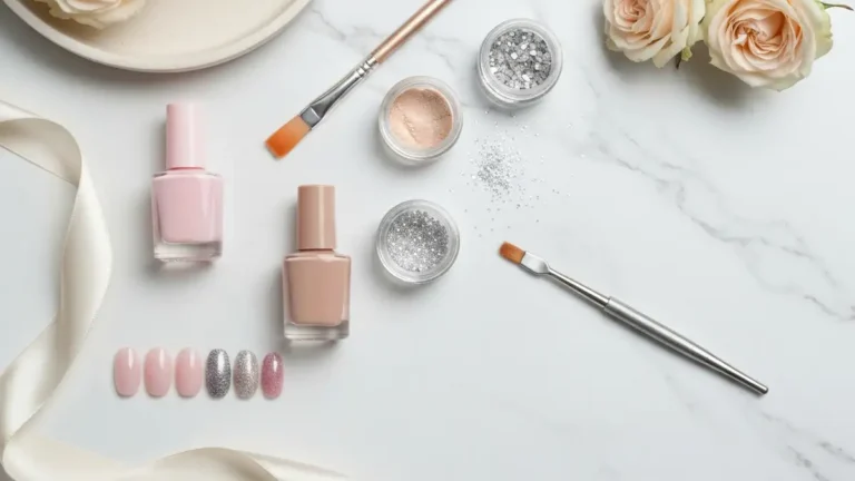 Eleganckie akcesoria do brokatowego manicure na marmurowej toaletce