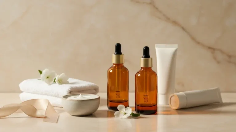 Dwie buteleczki serum na marmurowej toaletce z kwiatami i ręcznikiem