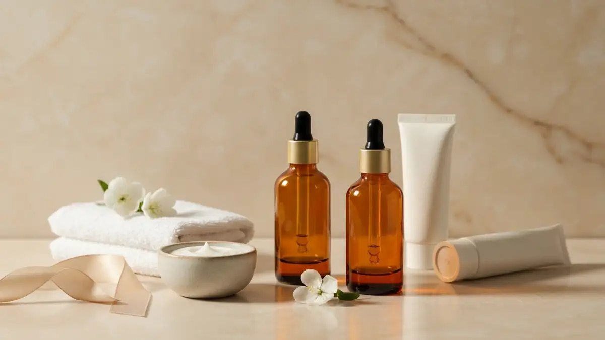 Dwie buteleczki serum na marmurowej toaletce z kwiatami i ręcznikiem