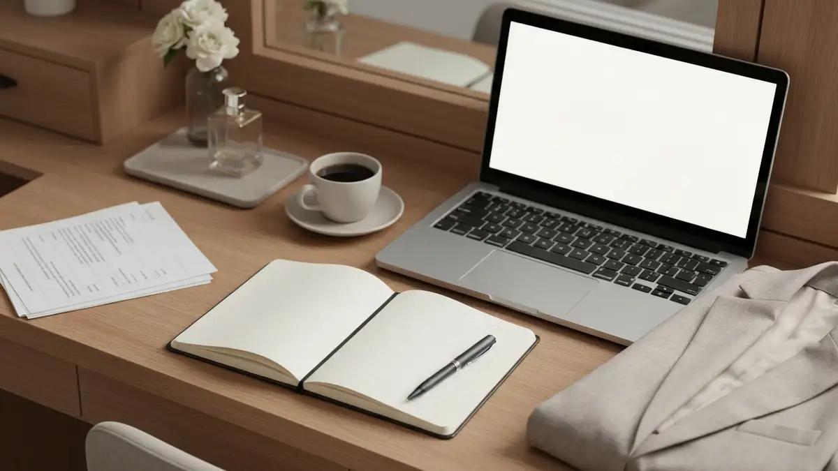 Elegancki notes, laptop, kawa i marynarka na biurku przed rozmowa kwalifikacyjna