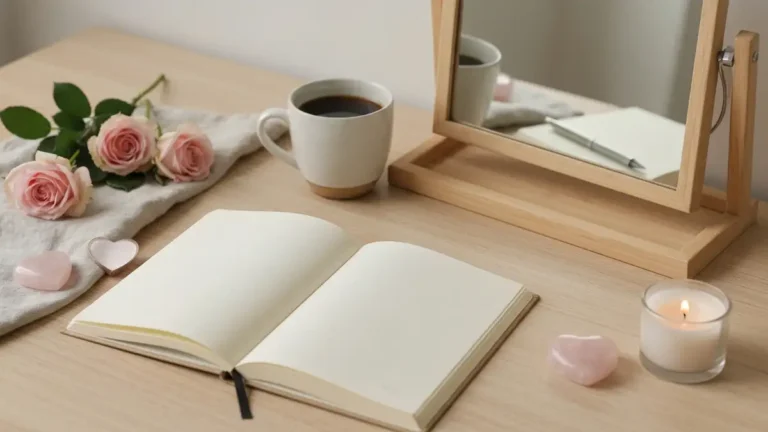 Dziennik, kawa, róże i kwarc na jasnej toaletce jako symbol self-love kobiet