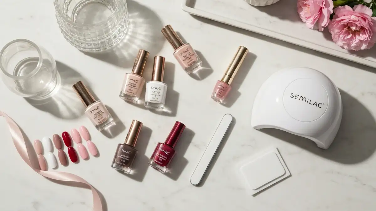 Elegancki zestaw do manicure hybrydowego z lakierami, lampą i akcesoriami na marmurowej toaletce