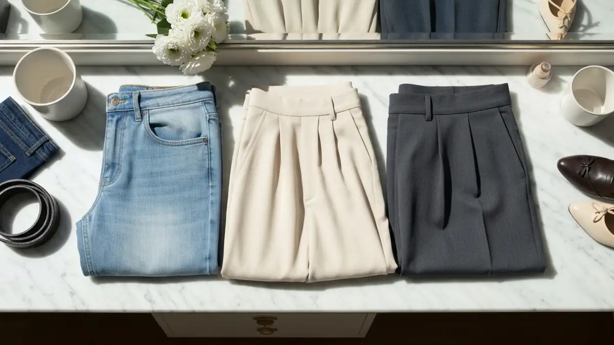 Elegancki flat lay z barrel jeans, spodniami palazzo i cygaretkami na jasnym marmurowym blacie