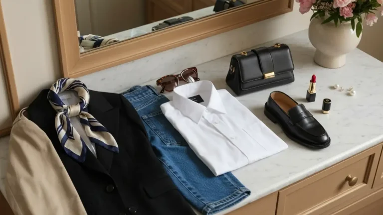 Styl francuski w modzie - koszula, marynarka, trencz, mokasyny i apaszka na marmurowym blacie