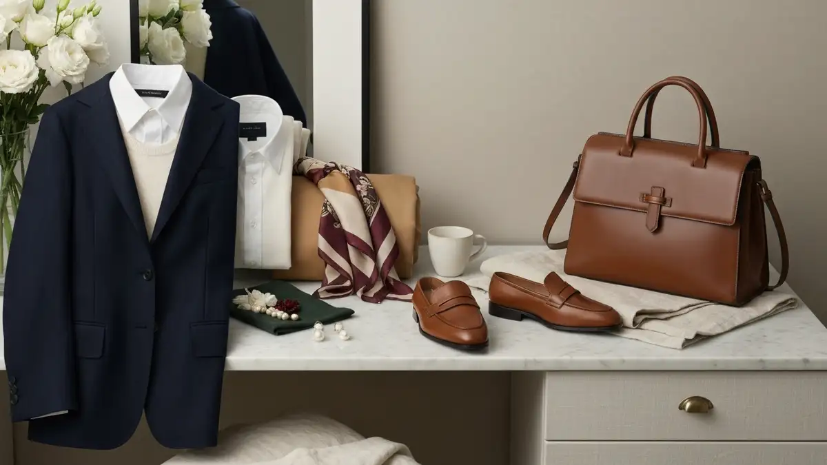 Elegancka kompozycja ubrań i dodatków w stylu old money na marmurowym blacie