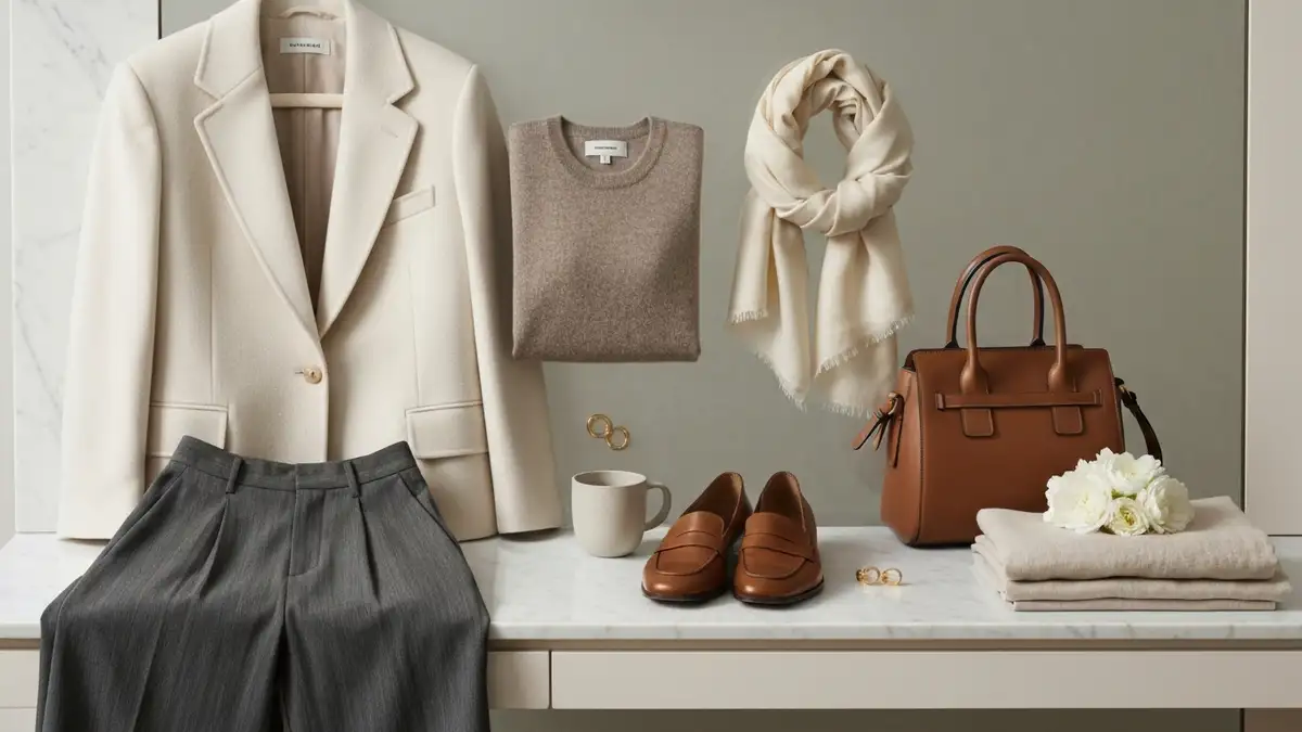 Elegancka stylizacja quiet luxury z wełnianą marynarką, kaszmirem, jedwabiem i skórzanymi dodatkami