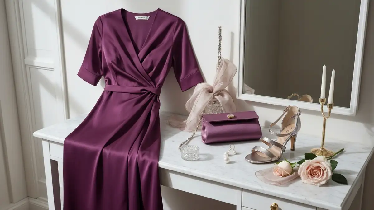 Elegancka sukienka midi, kopertówka i sandały ułożone na marmurowej toaletce
