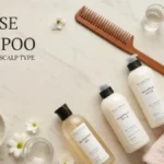Eleganckie butelki szamponu, grzebień i ręcznik na jasnej marmurowej toaletce