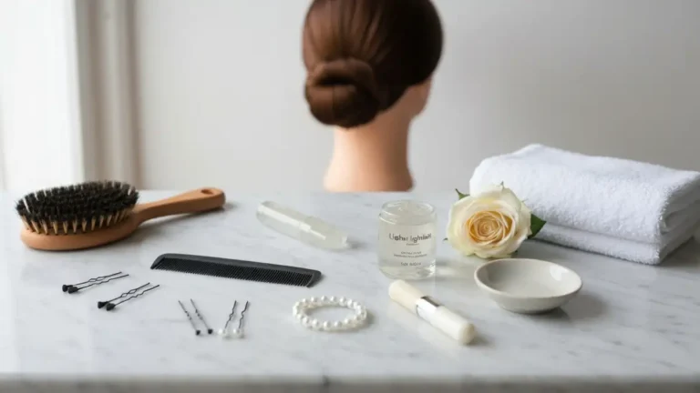 Kosmetyki i akcesoria do gładkiego koka clean girl hair na marmurowej toaletce